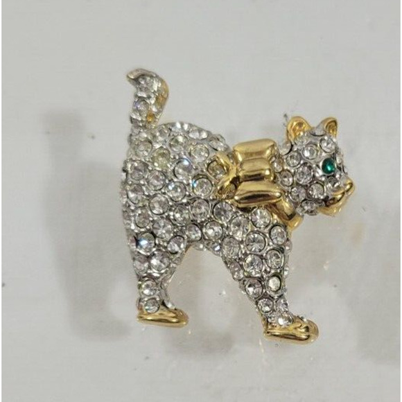 Unbranded Jewelry - Vintage Cat Elegant Small Rhinestones Green Eyes Boy Necktie Shiny Brooch Pin
